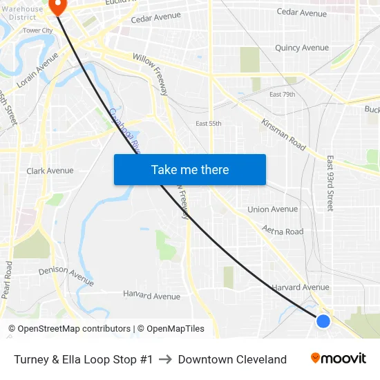 Turney & Ella Loop Stop #1 to Downtown Cleveland map