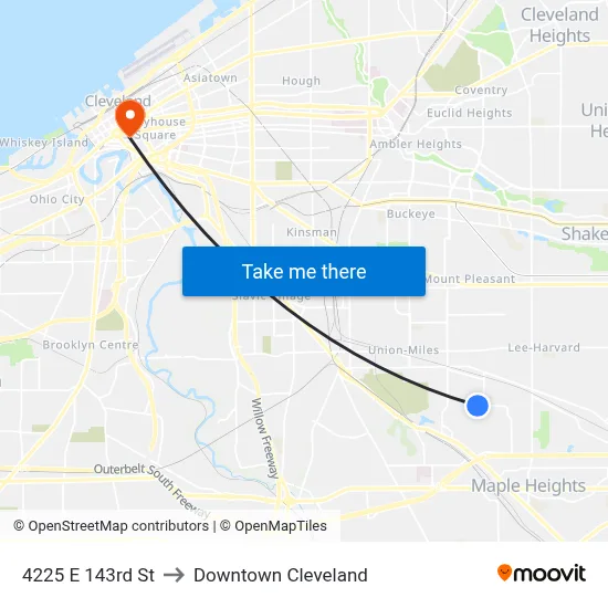4225 E 143rd St to Downtown Cleveland map