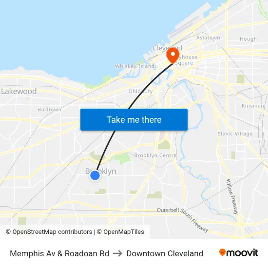 Memphis Av & Roadoan Rd to Downtown Cleveland map