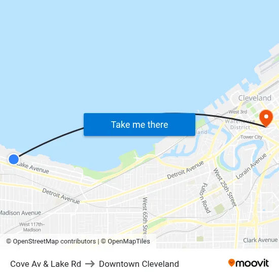 Cove Av & Lake Rd to Downtown Cleveland map