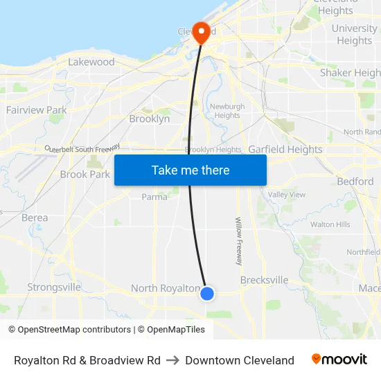 Royalton Rd & Broadview Rd to Downtown Cleveland map