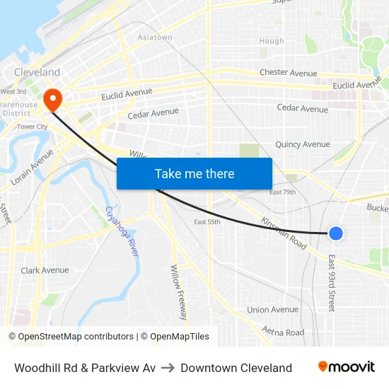 Woodhill Rd & Parkview Av to Downtown Cleveland map