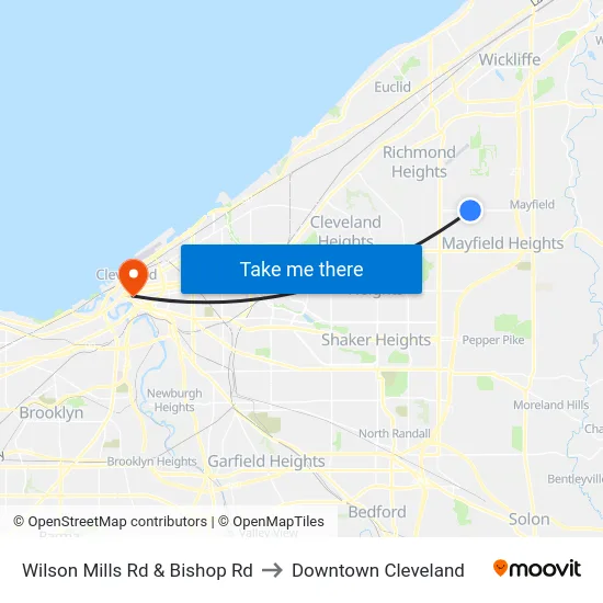 Wilson Mills Rd & Bishop Rd to Downtown Cleveland map