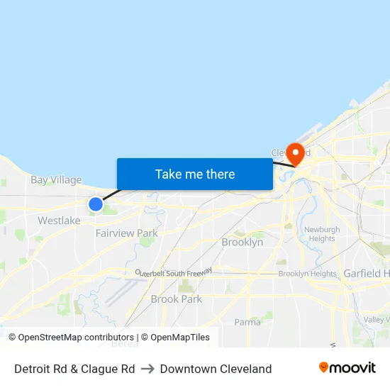 Detroit Rd & Clague Rd to Downtown Cleveland map