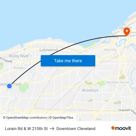 Lorain Rd & W 210th St to Downtown Cleveland map