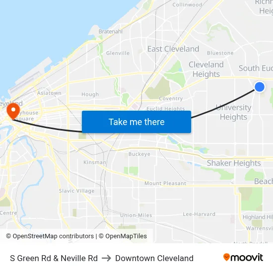 S Green Rd & Neville Rd to Downtown Cleveland map