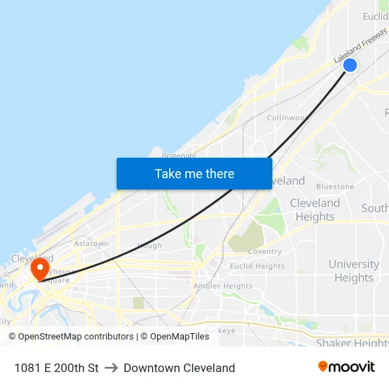 1081 E 200th St to Downtown Cleveland map
