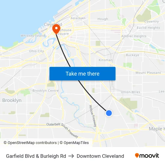 Garfield Blvd & Burleigh Rd to Downtown Cleveland map