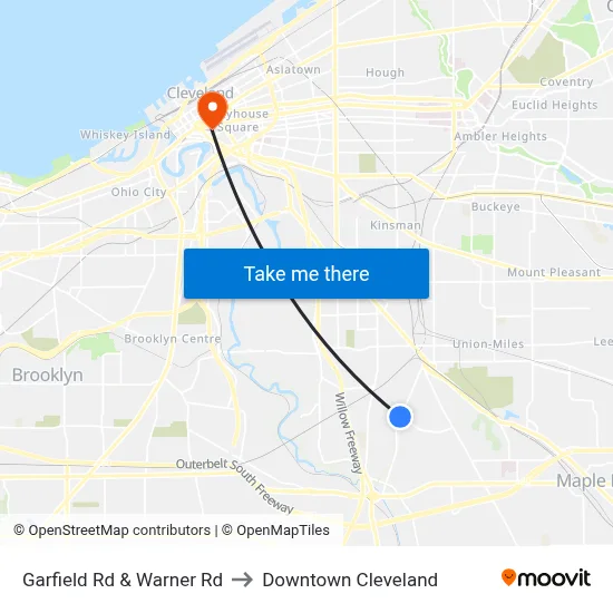 Garfield Rd & Warner Rd to Downtown Cleveland map