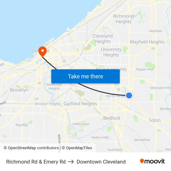 Richmond Rd & Emery Rd to Downtown Cleveland map