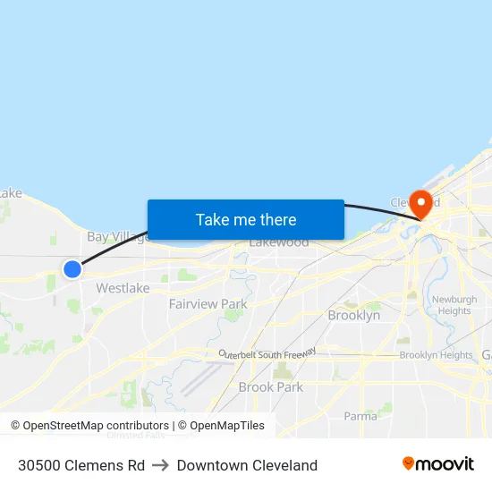 30500 Clemens Rd to Downtown Cleveland map