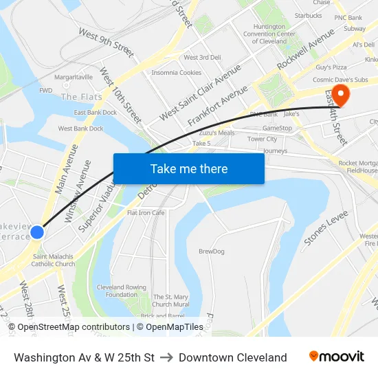 Washington Av & W 25th St to Downtown Cleveland map