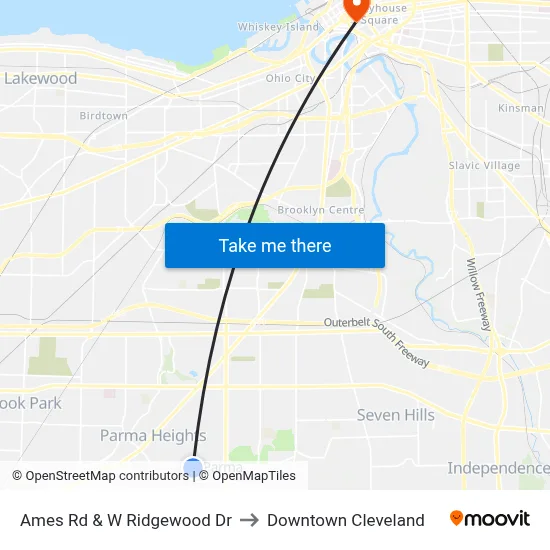 Ames Rd & W Ridgewood Dr to Downtown Cleveland map