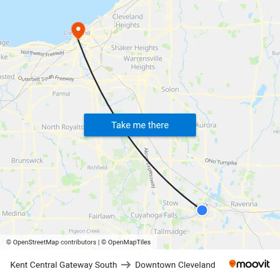 Kent Central Gateway South to Downtown Cleveland map