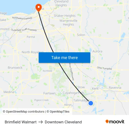 Brimfield Walmart to Downtown Cleveland map