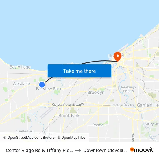 Center Ridge Rd & Tiffany Ridge to Downtown Cleveland map