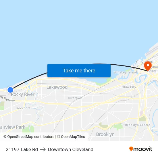 21197 Lake Rd to Downtown Cleveland map