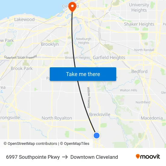 6997 Southpointe Pkwy to Downtown Cleveland map