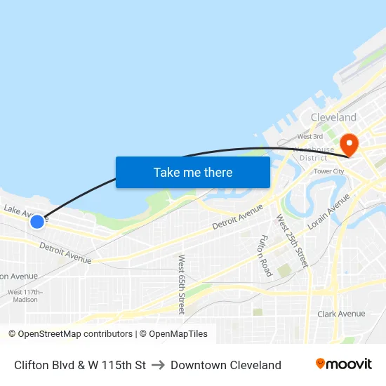 Clifton Blvd & W 115th St to Downtown Cleveland map