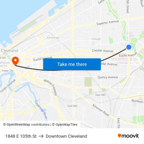 1848 E 105th St to Downtown Cleveland map