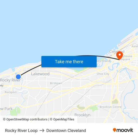 Rocky River Loop to Downtown Cleveland map