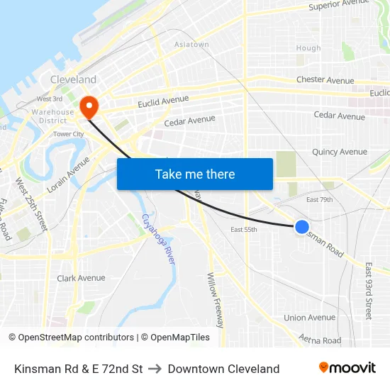 Kinsman Rd & E 72nd St to Downtown Cleveland map