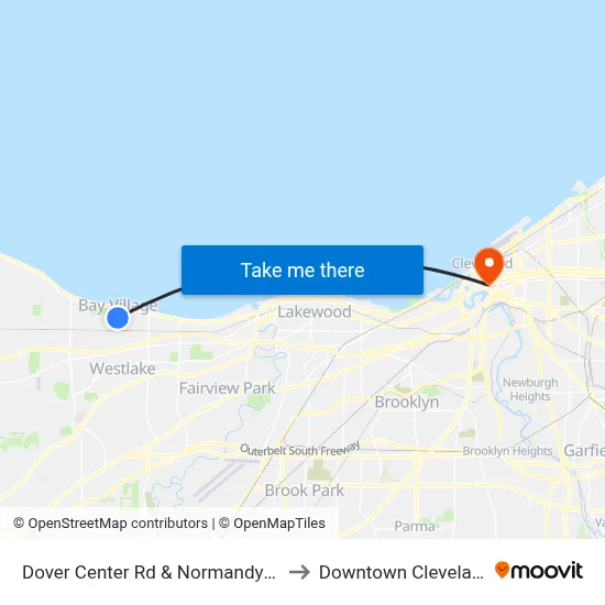 Dover Center Rd & Normandy Rd to Downtown Cleveland map
