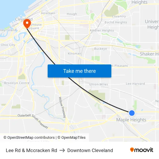 Lee Rd & Mccracken Rd to Downtown Cleveland map