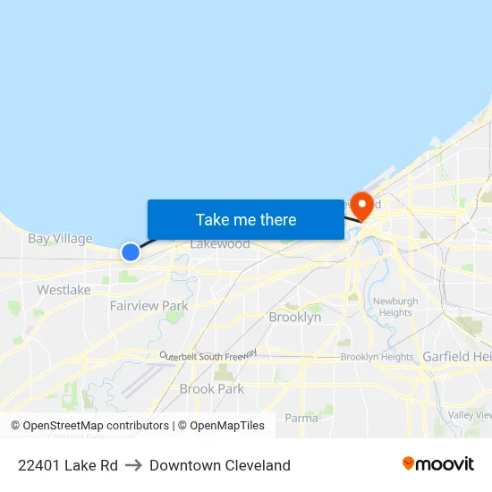 22401 Lake Rd to Downtown Cleveland map