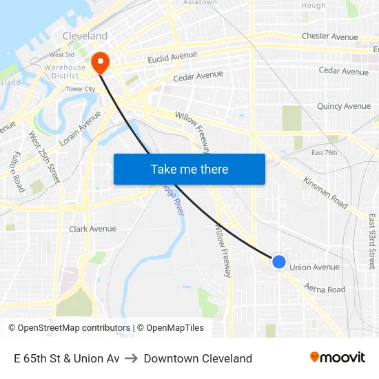 E 65th St & Union Av to Downtown Cleveland map