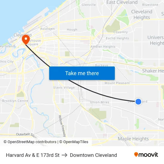 Harvard Av & E 173rd St to Downtown Cleveland map