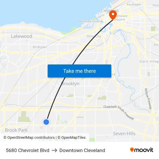 5680 Chevrolet Blvd to Downtown Cleveland map