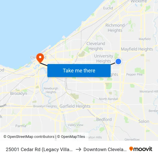 25001 Cedar Rd (Legacy Village) to Downtown Cleveland map