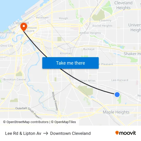 Lee Rd & Lipton Av to Downtown Cleveland map