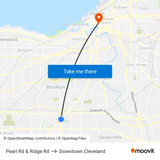 Pearl Rd & Ridge Rd to Downtown Cleveland map