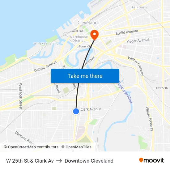 W 25th St & Clark Av to Downtown Cleveland map
