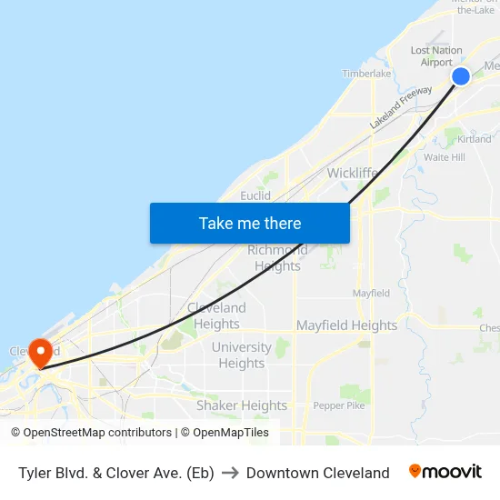 Tyler Blvd. & Clover Ave. (Eb) to Downtown Cleveland map