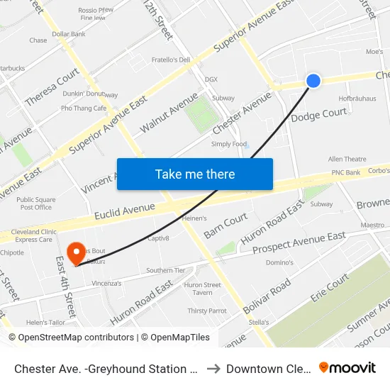 Chester Ave. -Greyhound Station (North Side) to Downtown Cleveland map