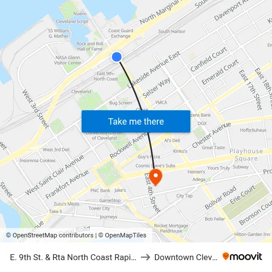 E. 9th St. & Rta North Coast Rapid Station to Downtown Cleveland map