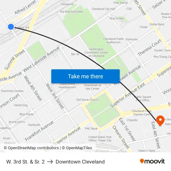W. 3rd St. & Sr. 2 to Downtown Cleveland map