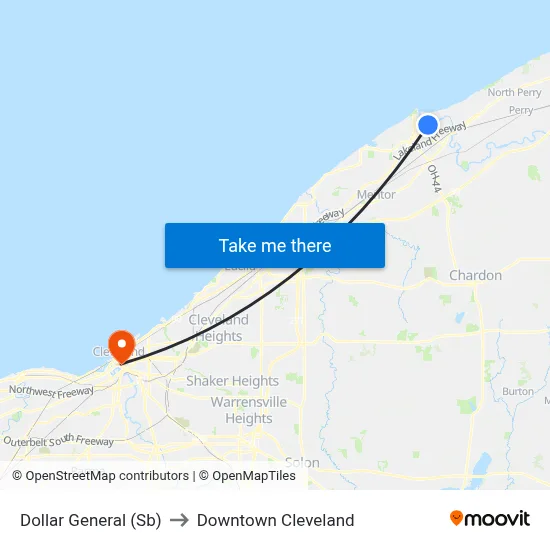 Dollar General (Sb) to Downtown Cleveland map