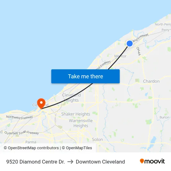 9520 Diamond Centre Dr. to Downtown Cleveland map