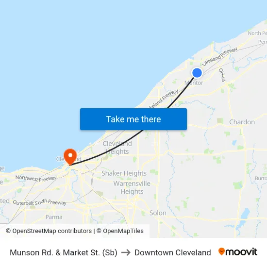 Munson Rd. & Market St. (Sb) to Downtown Cleveland map