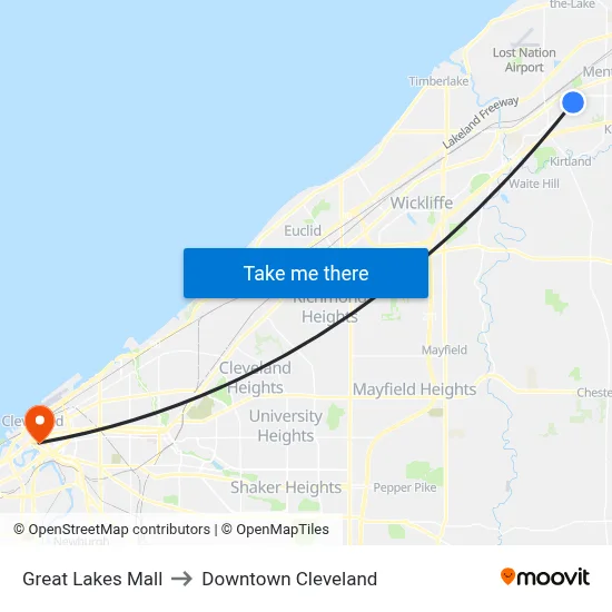 Great Lakes Mall to Downtown Cleveland map