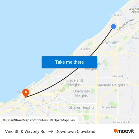 Vine St. & Waverly Rd. to Downtown Cleveland map