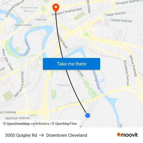 3000 Quigley Rd to Downtown Cleveland map