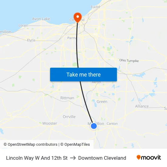 Lincoln Way W And 12th St to Downtown Cleveland map