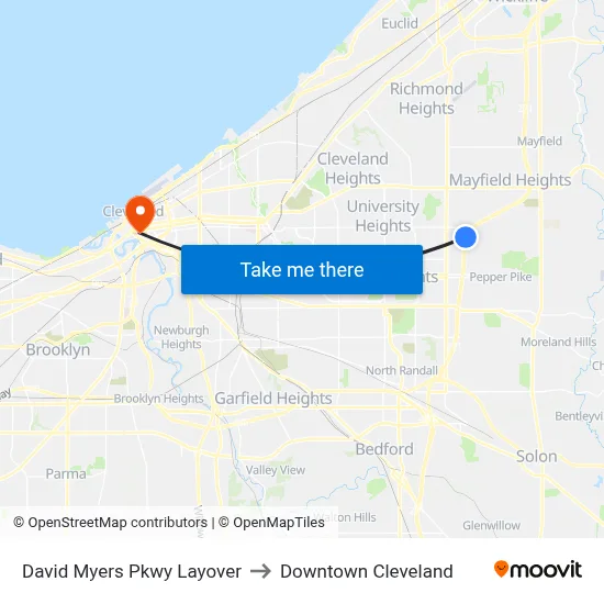 David Myers Pkwy Layover to Downtown Cleveland map