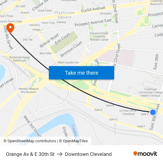 Orange Av & E 30th St to Downtown Cleveland map