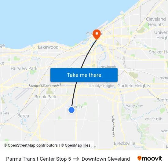 Parma Transit Center Stop 5 to Downtown Cleveland map